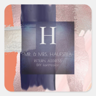 PixDezines Monogram, Blush+Navy+Silver Colour Bloc Square Sticker