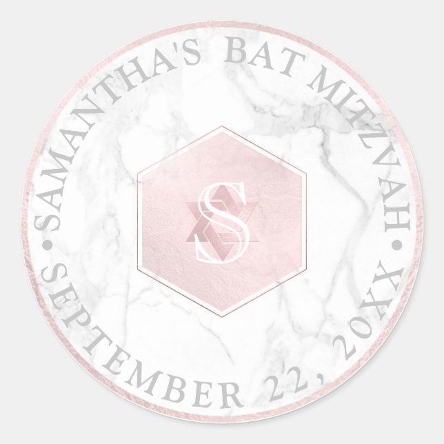 PixDezines Monogram Blush Pink Honeycomb Mitzvah Classic Round Sticker (Front)