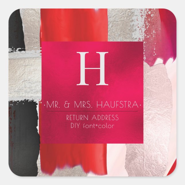 PixDezines Monogram, Blush+Silver+Red Colour Block Square Sticker (Front)