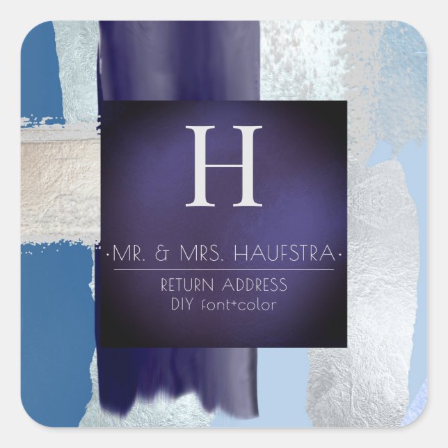 PixDezines Monogram, Dusty Blue+Silver Colour Bloc Square Sticker (Front)