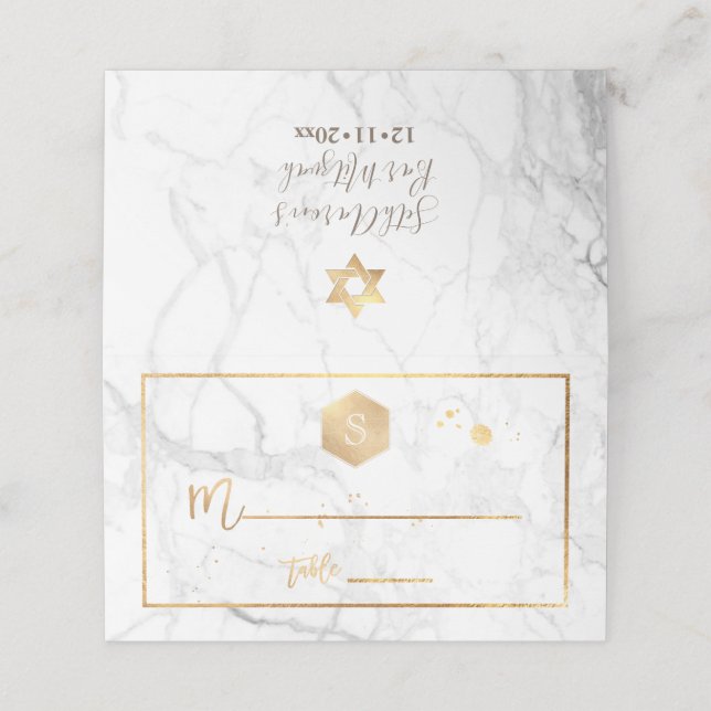 PixDezines Monogram Faux Gold Honeycomb+Marble Place Card (Outside Unfolded)