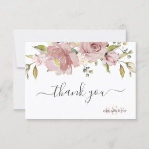 PixDezines Monogram H2 Dusty Rose Flowers   Thank You Card