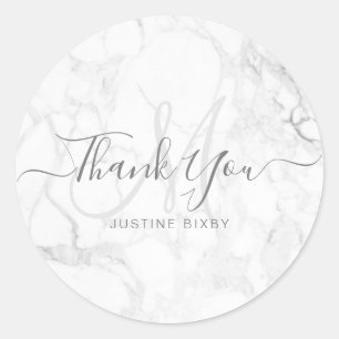 PixDEzines Monogram Marble Elegant ScriptThank You Classic Round Sticker