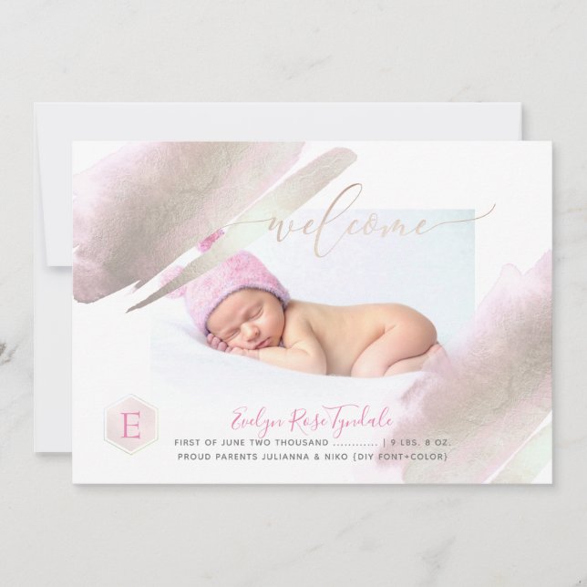 PixDezines MONOGRAM, PLATINUM+BLUSH Baby Girl Announcement (Front)