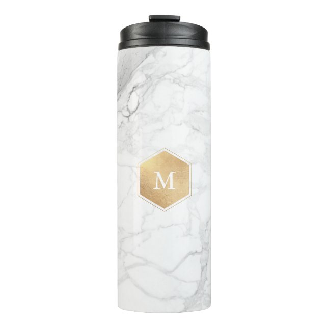 PixDezines MONOGRAM WHITE MARBLE+HONEYCOMB Thermal Tumbler (Front)