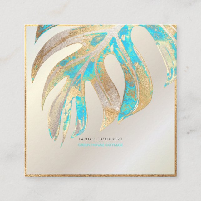 PixDezines MONSTERA, DUO TONE FAUX FOIL, AQUA Square Business Card (Front)