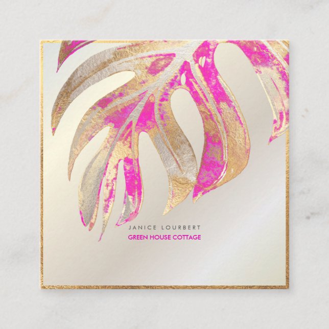 PixDezines MONSTERA, DUO TONE FAUX FOIL, HOT PINK Square Business Card (Front)
