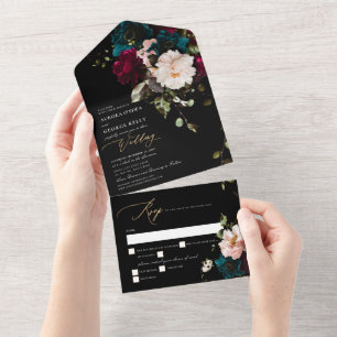 PixDezines Moody Floral Burgundy Teal All In One Invitation