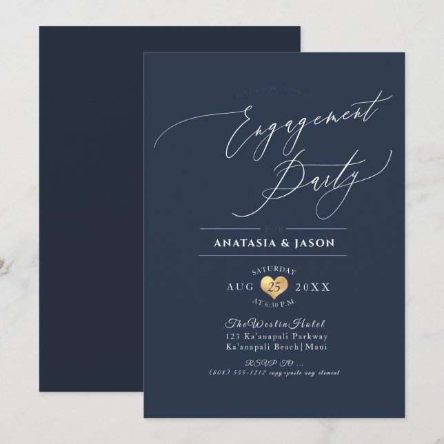 PixDezines Navy Blue Calligraphy Engagement Party Invitation (Front/Back)