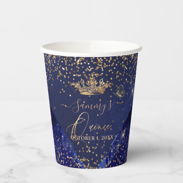 PixDezines Navy Blue Gold Glitter QuinceDress Paper Cups (Left)
