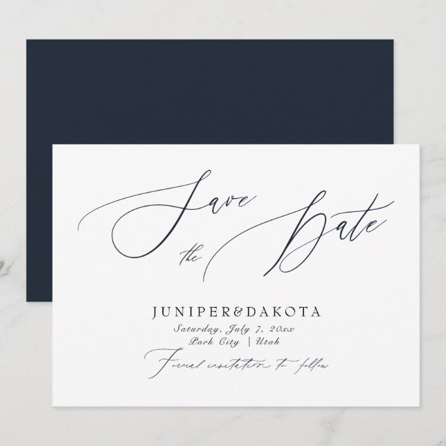 PixDezines Navy Blue Modern Script Save the Date Invitation (Front/Back)
