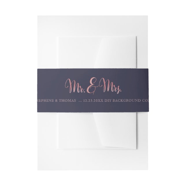 PixDezines Navy+Faux Rose Gold Mr.+Mrs. Invitation Belly Band (Front Example)