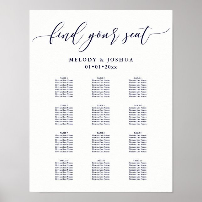 PixDezines Navy Modern Calligraphy, Seating Chart (Front)