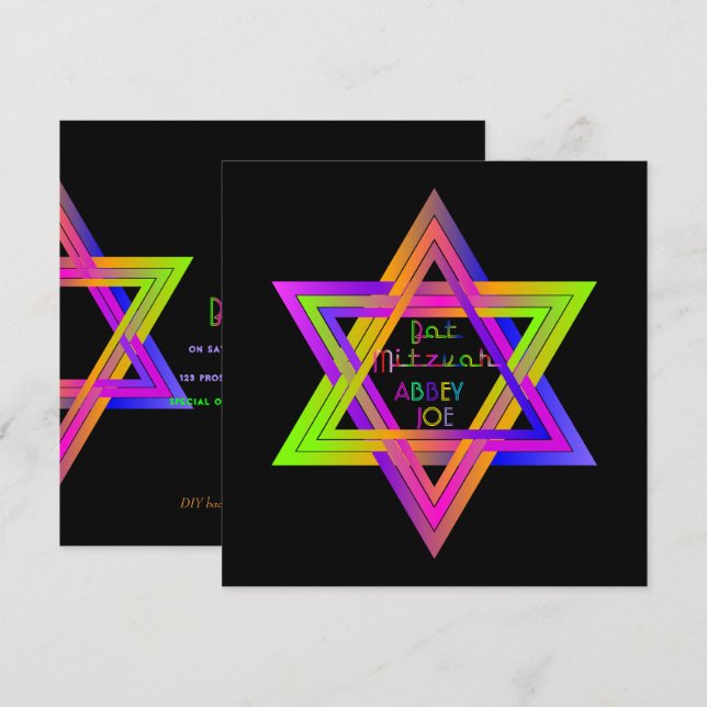 PixDezines Neon Colours Star of David/Bat Mitzvah Invitation (Front/Back)