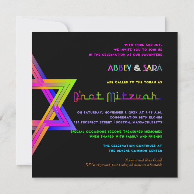 PixDezines Neon Colours Star of David/B'not Mitzva Invitation (Back)
