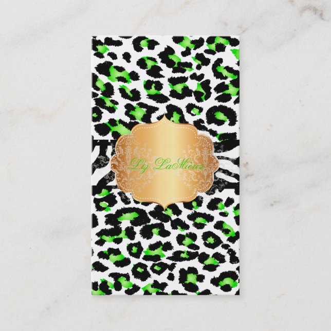 PixDezines neon green cheetah+zebra Business Card (Front)