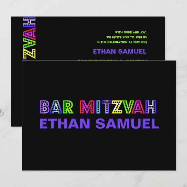 PixDezines neon lights bar mitzvah Invitation (Front/Back)