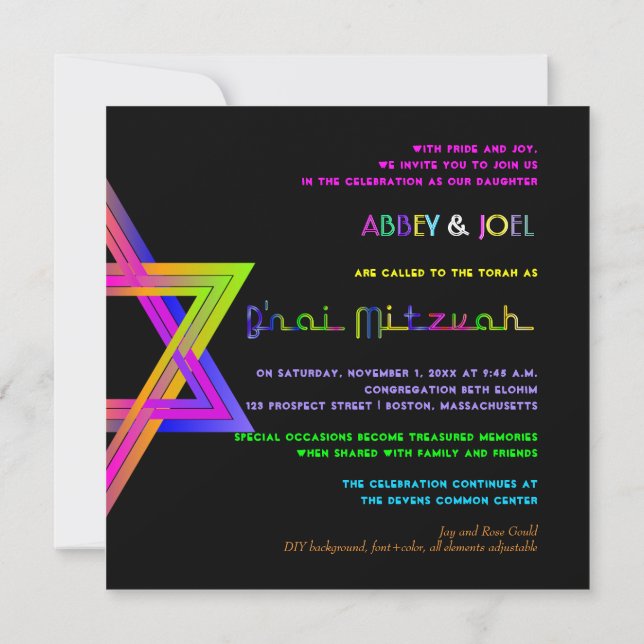 PixDezines Neon Sign Star of David/B'nai Mitzvah Invitation (Back)