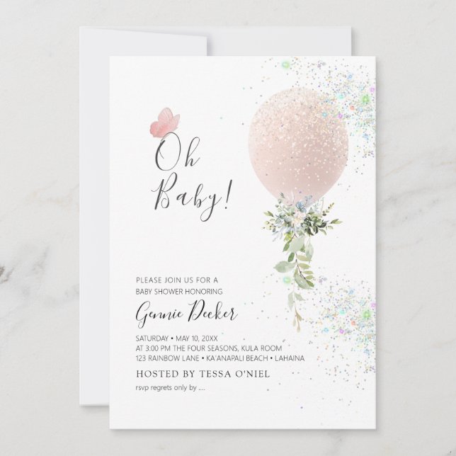 PixDezines Oh Baby Blush Balloon Baby Shower Invitation (Front)