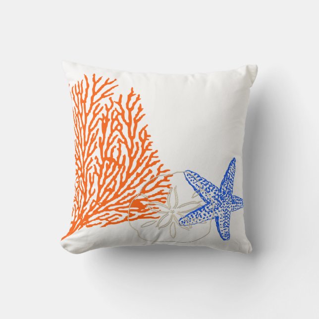 PixDezines orange coral+starfish/diy background Throw Pillow (Front)