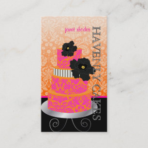 PixDezines Orange+Hot Pink damask cake/pâtisserie Business Card