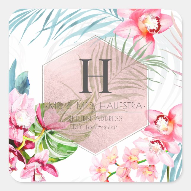 PixDezines Orchid Isle, Pink Orchid+Palms Square Sticker (Front)