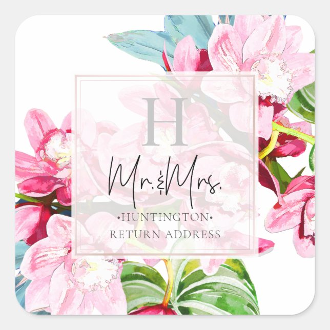 PixDezines Orchid Isle, Pink Orchid+Ti Leaves Square Sticker (Front)