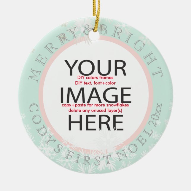PixDezines our first christmas photo/DIY colours Ceramic Ornament (Front)