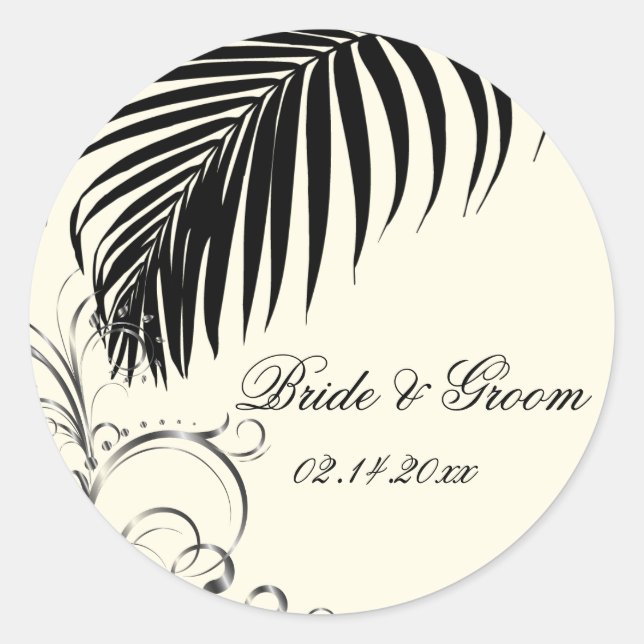 PixDezines palm frond wedding stickers/black+beige Classic Round Sticker (Front)
