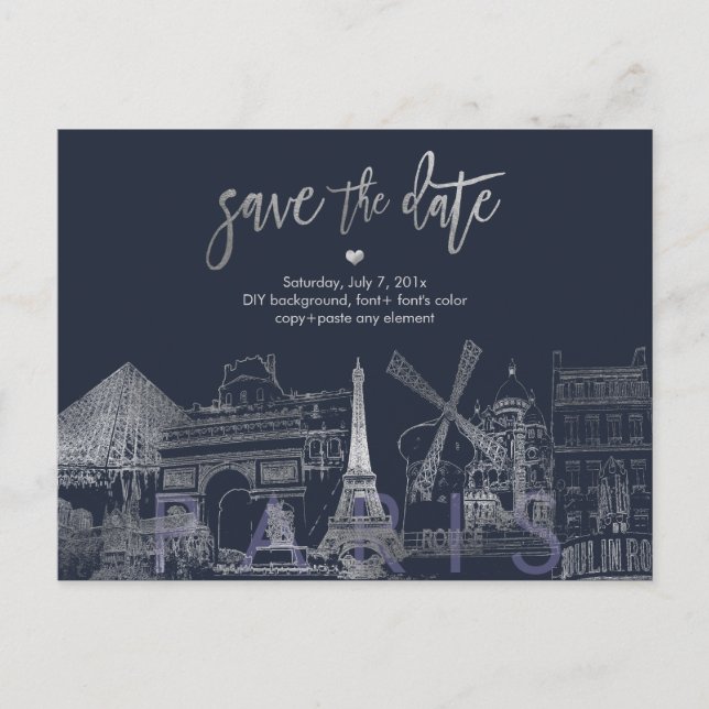 PixDezines/Paris Save the Date/Faux Silver Gold Announcement Postcard (Front)