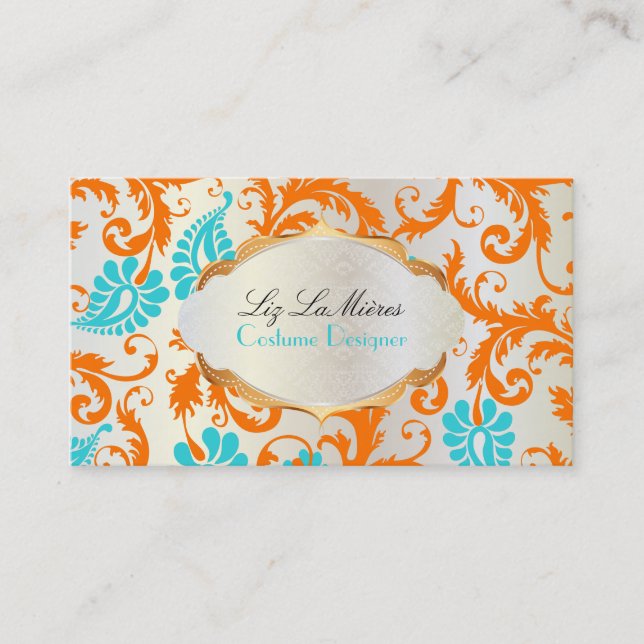 PixDezines pavo damask/coral+aqua Business Card (Front)