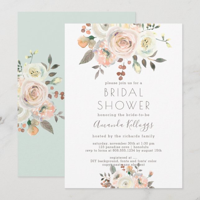 PixDezines Peaches+Cream Bridal Shower Watercolor Invitation (Front/Back)
