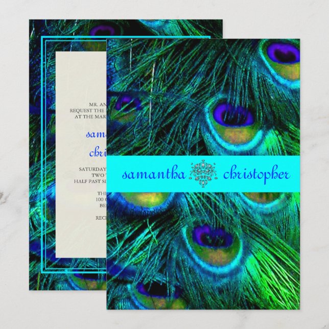 PixDezines PEACOCK FEATHER/AQUA/TURQUOISE INVITES (Front/Back)