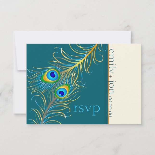 PixDezines peacock feather/teal RSVP Card (Front)