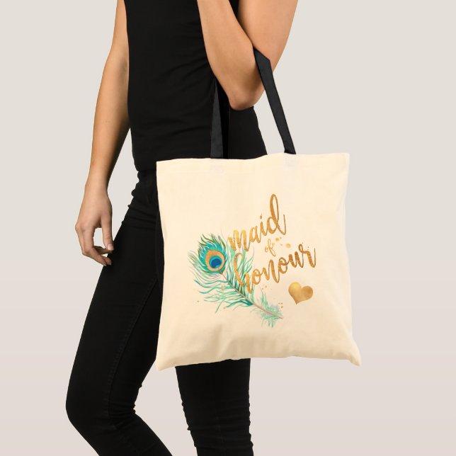 PixDezines Peacock Maid of Honour/Faux Gold Script Tote Bag (Front (Product))
