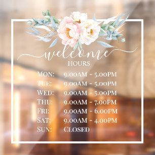 PixDezines Peonies Welcome Business Hours Window Cling