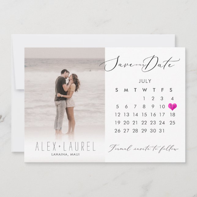 PixDezines Photo Save the Date Calendar Pink Heart Invitation (Front)