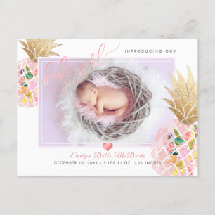 PixDezines Pineapple+Baby Girl, Faux Foil Script Announcement Postcard
