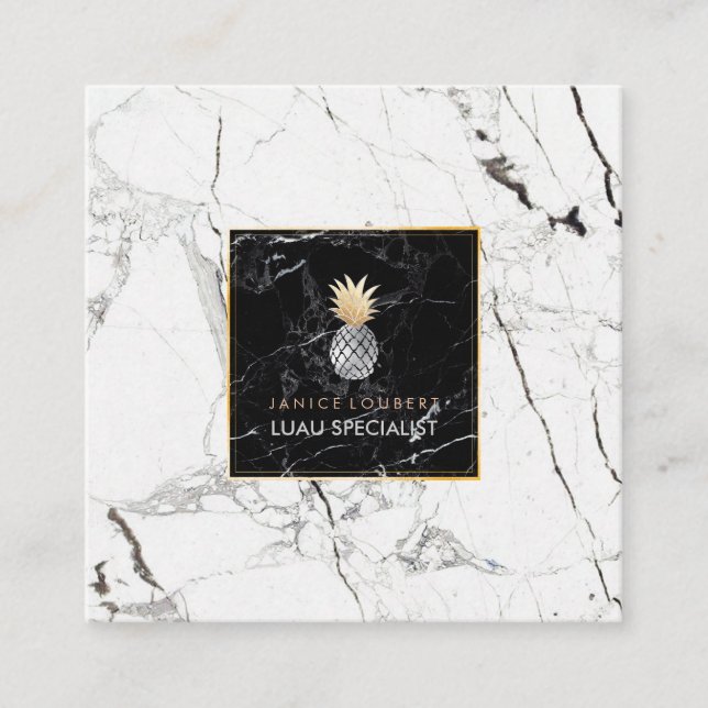 PixDezines Pineapples/Black+White Marble Square Business Card (Front)