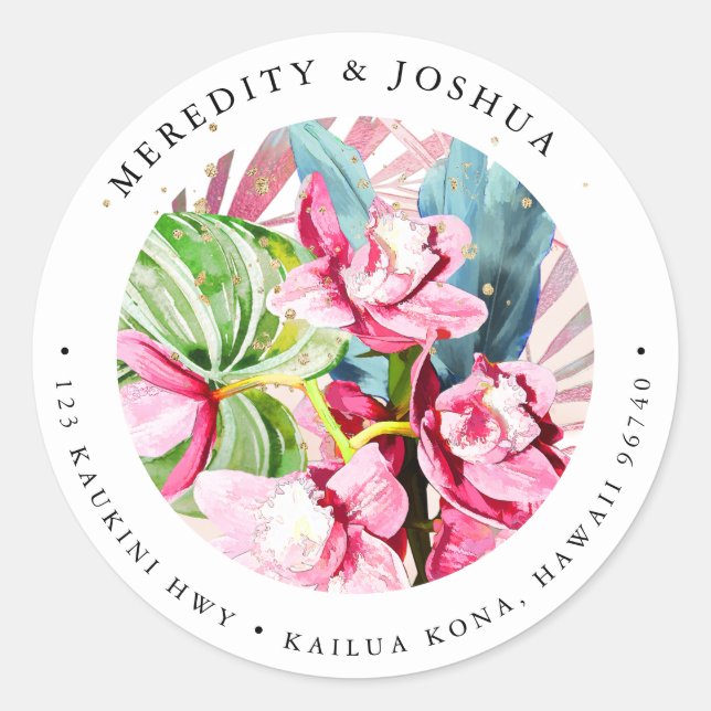 PixDezines Pink Cymbidium Orchid Silver Foliage Classic Round Sticker (Front)