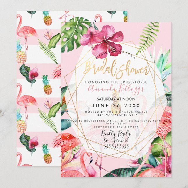 PixDezines Pink Flamigos Bridal Shower+Hibiscus Invitation (Front/Back)