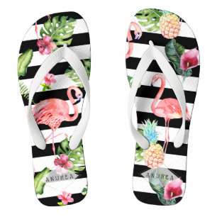 PixDezines PINK FLAMINGOS, TROPICAL THEME Flip Flops