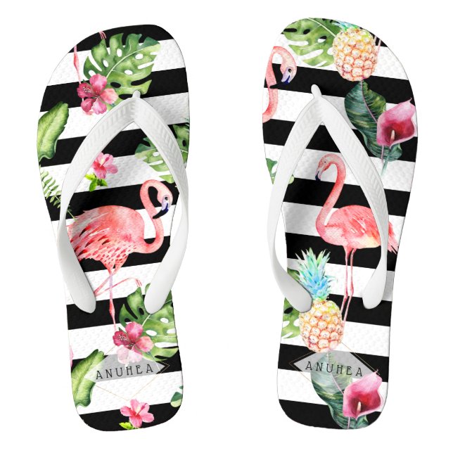 PixDezines PINK FLAMINGOS, TROPICAL THEME Flip Flops (Footbed)