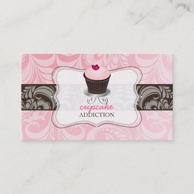 PixDezines pink heart cupcake+damask Business Card (Front)