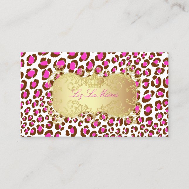 PixDezines Pink Leopard spots /Faux Gold Label Business Card (Front)