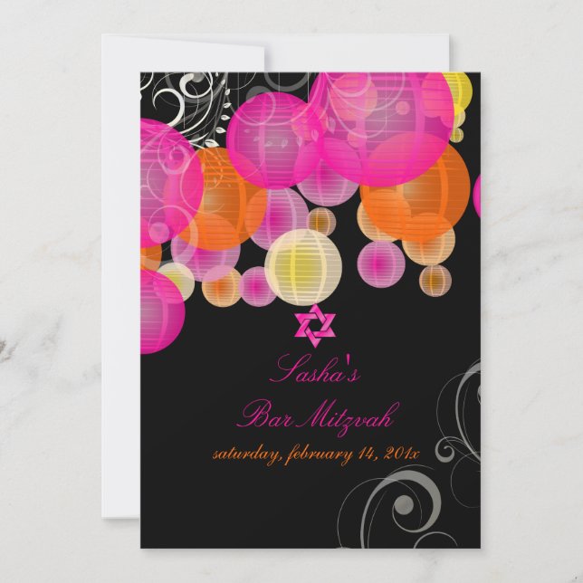 PixDezines pink+orange lanterns/bat mitzvah Invitation (Front)