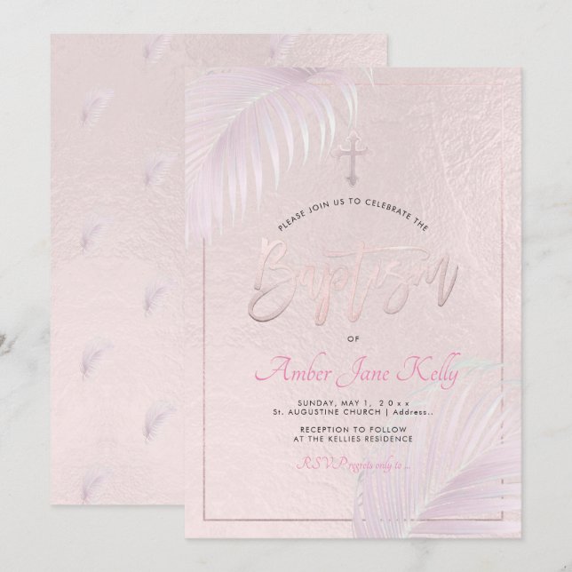 PixDezines Pink Silver Palms Baptism Invitation (Front/Back)