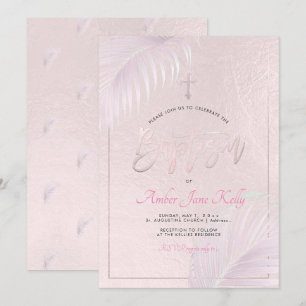 PixDezines Pink Silver Palms Baptism Invitation