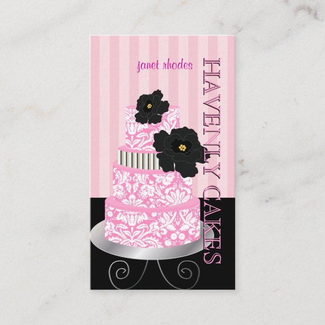 PixDezines Pink stripes+damask cake/pâtisserie Business Card (Front)