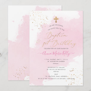 PixDezines Pink Watercolor Baptism+1st Birthday Invitation